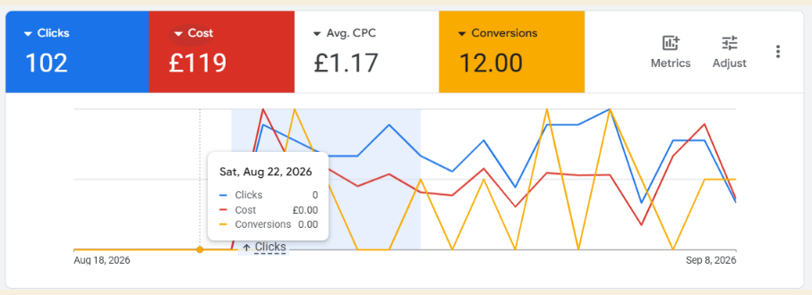 Google Ads account showing 102 clicks, £119 spent and 12 conversions between 18 August and 8 September 2026.